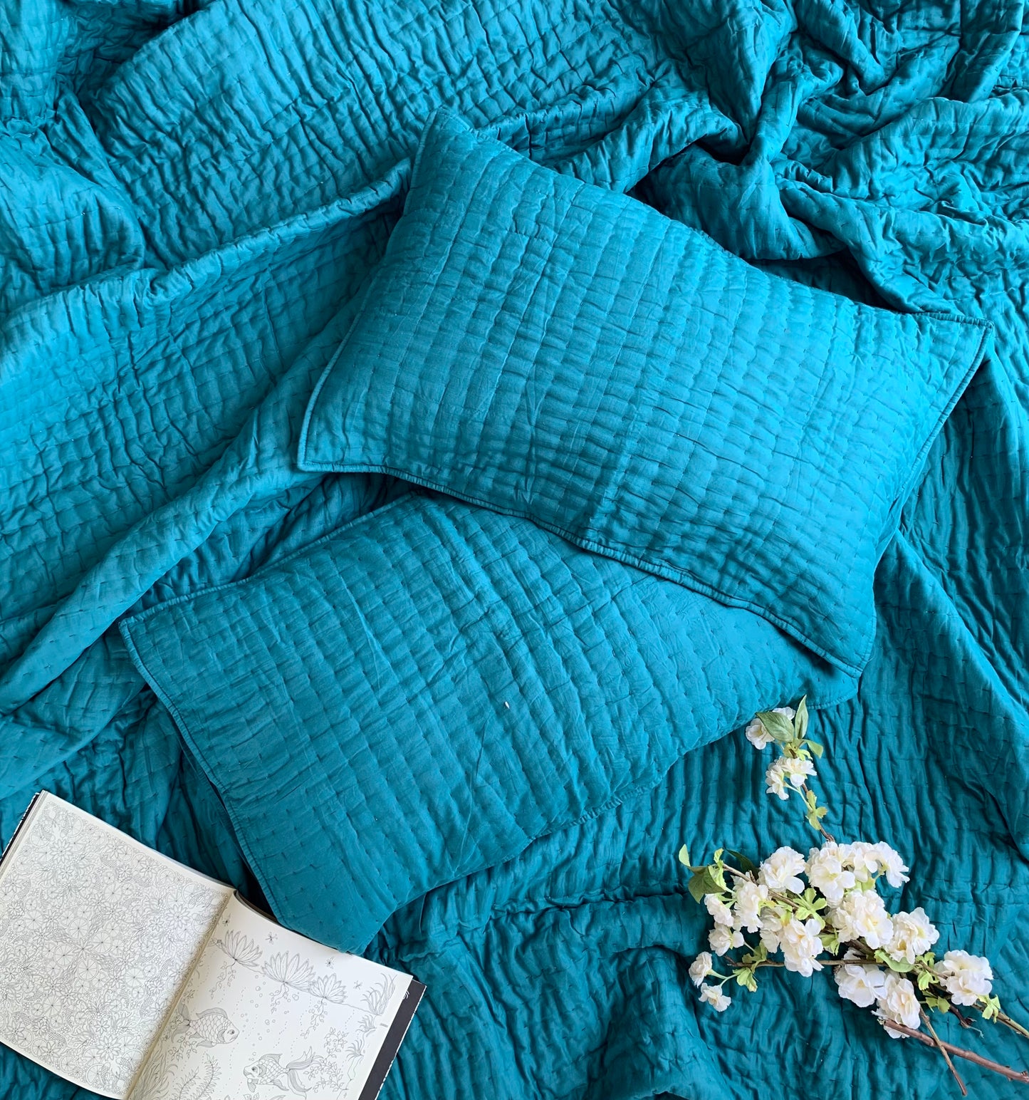 Kantha Mulmul Quilt / Bedspread in Teal