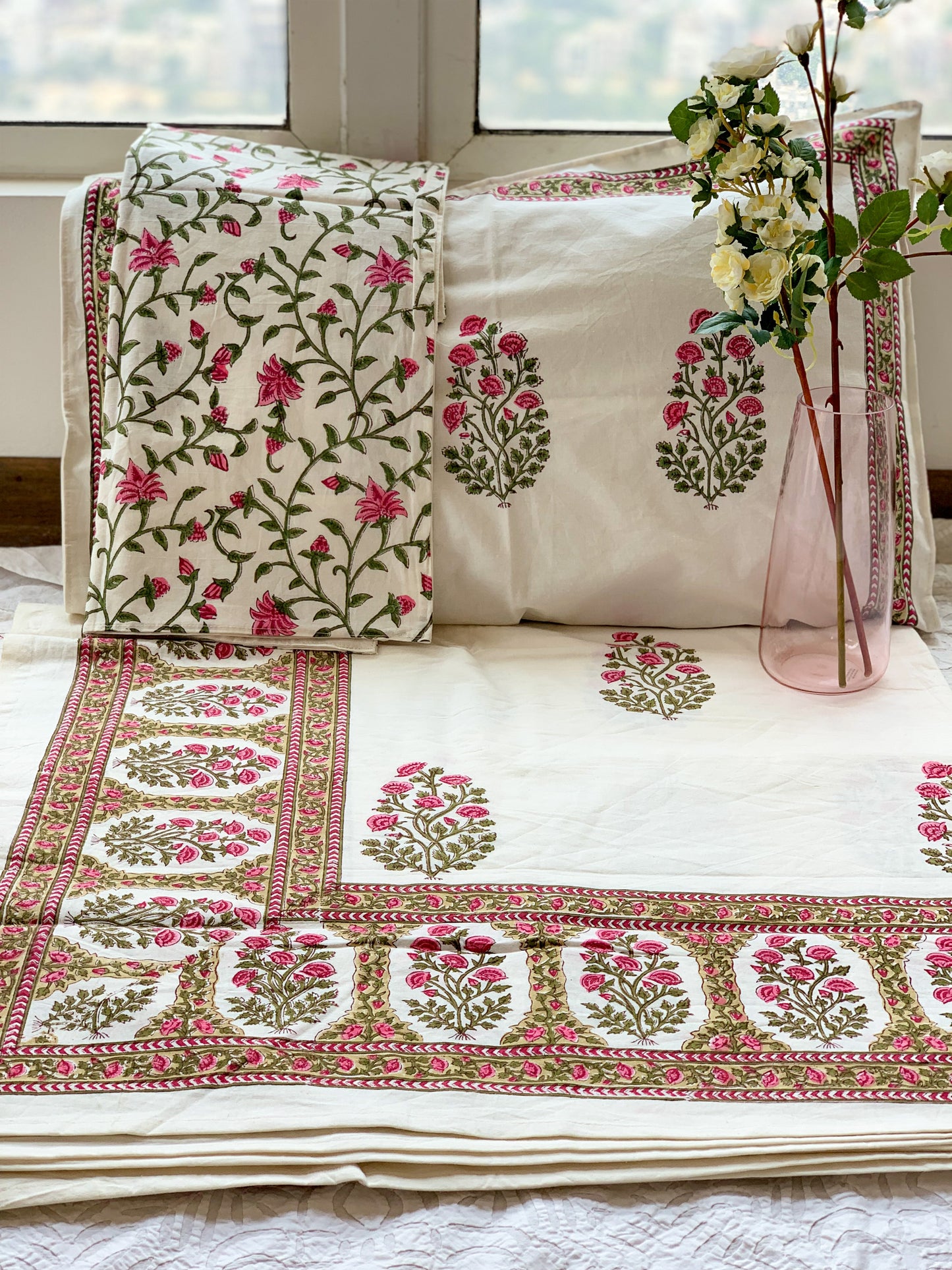 Traditional Pink Floral Handloom Cotton Bed Cover